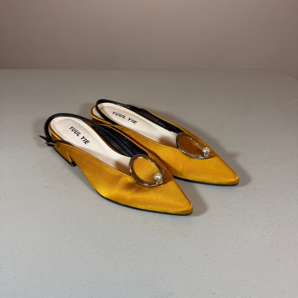 Yuul Yie Zizi Slingback Pumps Womens 37.5 / 7.5 Mustard Yellow Satin Pointed Toe